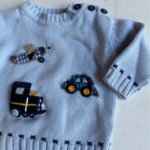 Hartstrings Plane Train and Automobile Light Blue Sweater - Picture 2 of 4